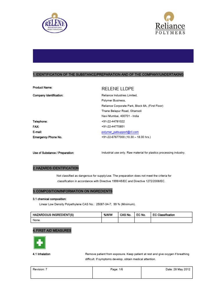 RELENE LLDPE Safety Data Sheet | PDF | Combustion | Waste Management