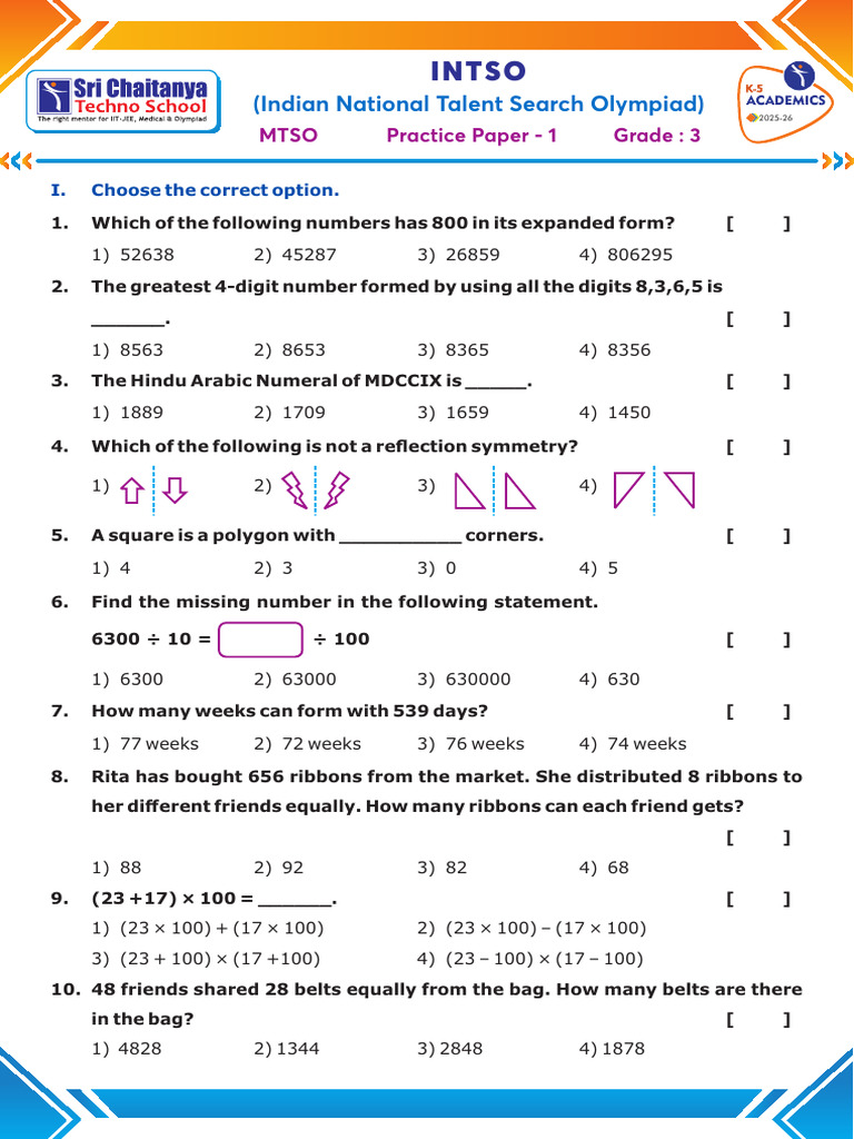 Grade 3 Math Practice Paper 2025-26 | PDF | Division (Mathematics ...