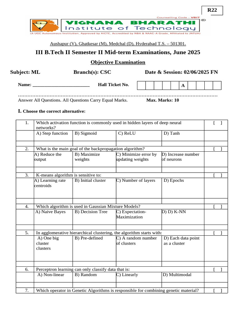 B.Tech ML Mid-term Exam Questions | PDF | Cluster Analysis | Algorithms