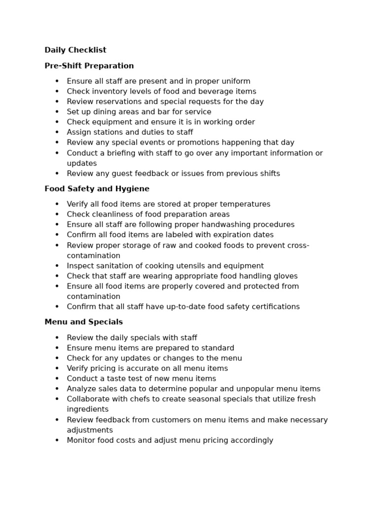 Daily Restaurant Operations Checklist | PDF | Food Safety | Menu
