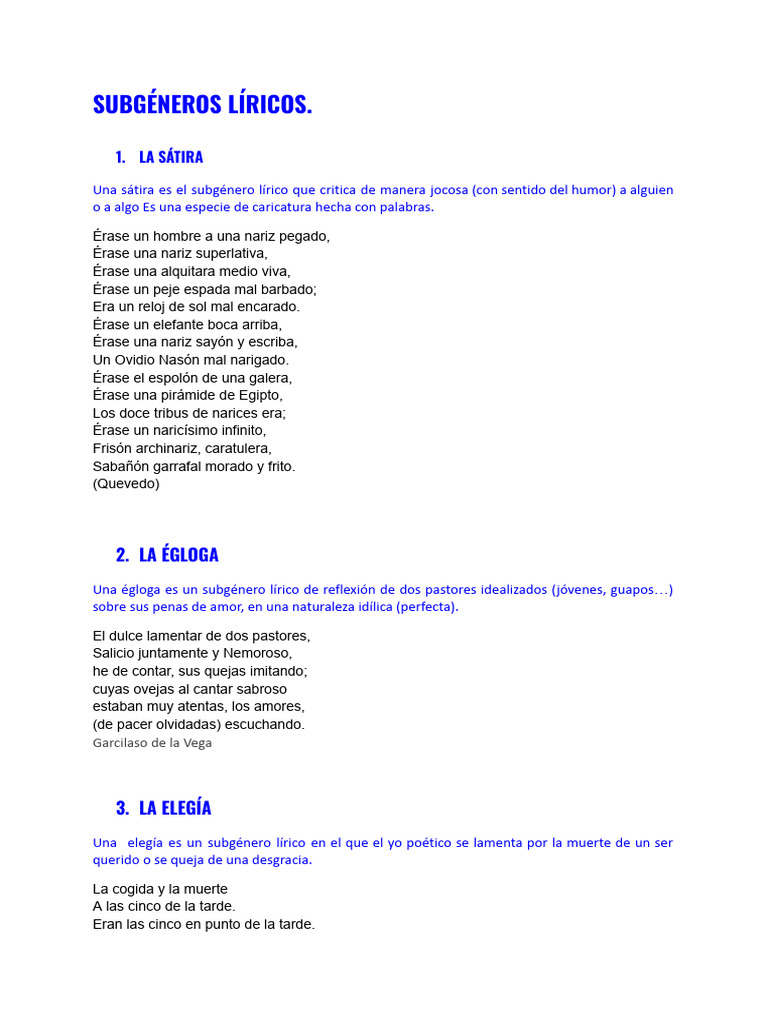 Subgéneros líricos: sátira, égloga, elegía y oda | PDF