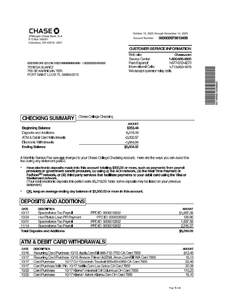 JPMorgan Chase Account Statement Guide | PDF | Banks | Debit Card