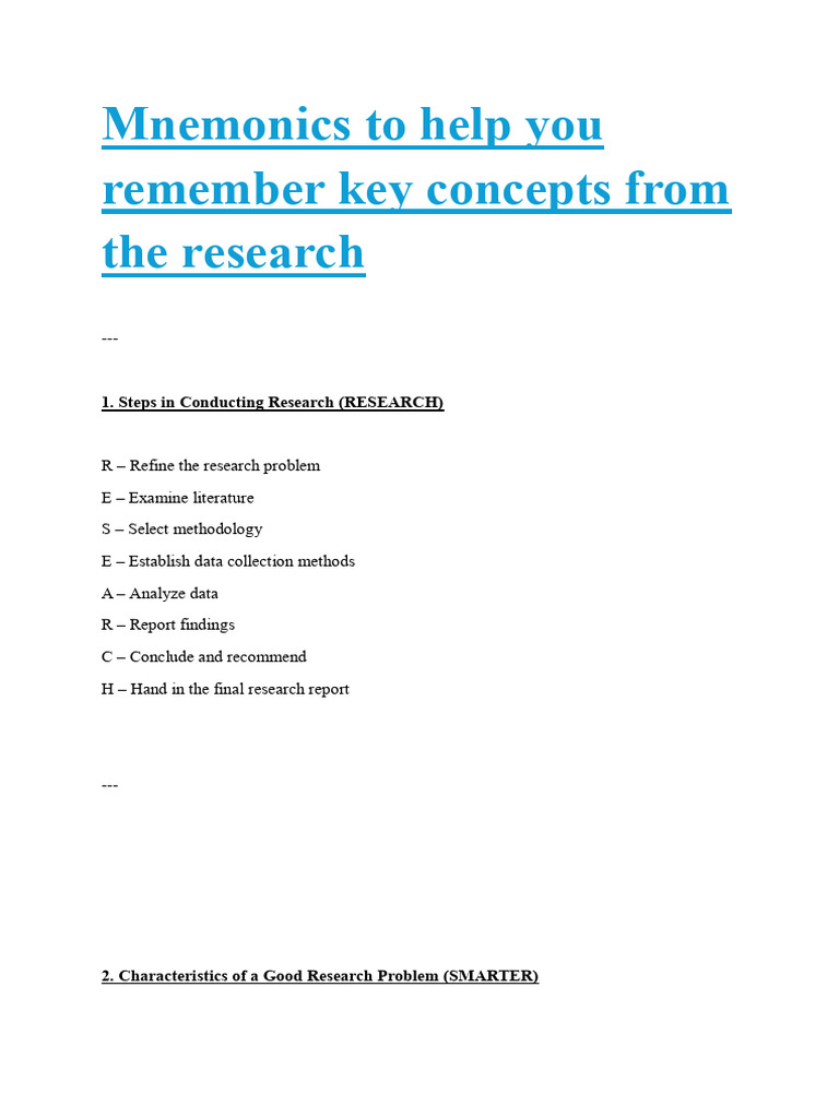 Mnemonics for Research Concepts | PDF | Hypothesis | Methodology