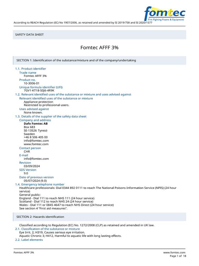 Dafo Fomtec AB - Fomtec AFFF 3% - 10-3006-01 - GB-en - v9 - 0 | PDF ...