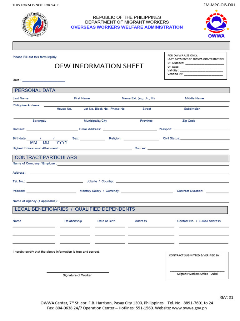 OFW Information Sheet Form | PDF | Labor