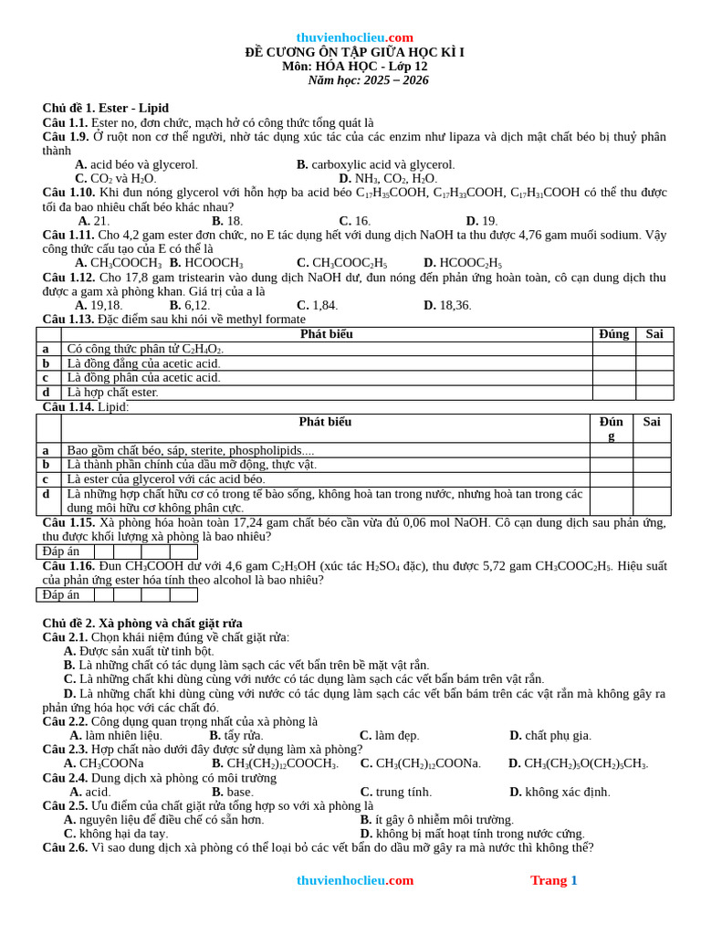 De Cuong On Tap Giua HK1 HOA 12 KNTT 25 26 | PDF