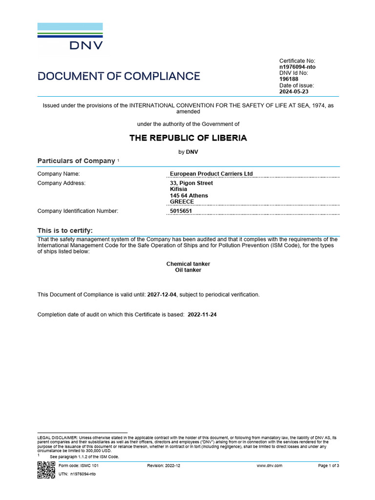 Document of Compliance for ISM Code | PDF | Identity Document