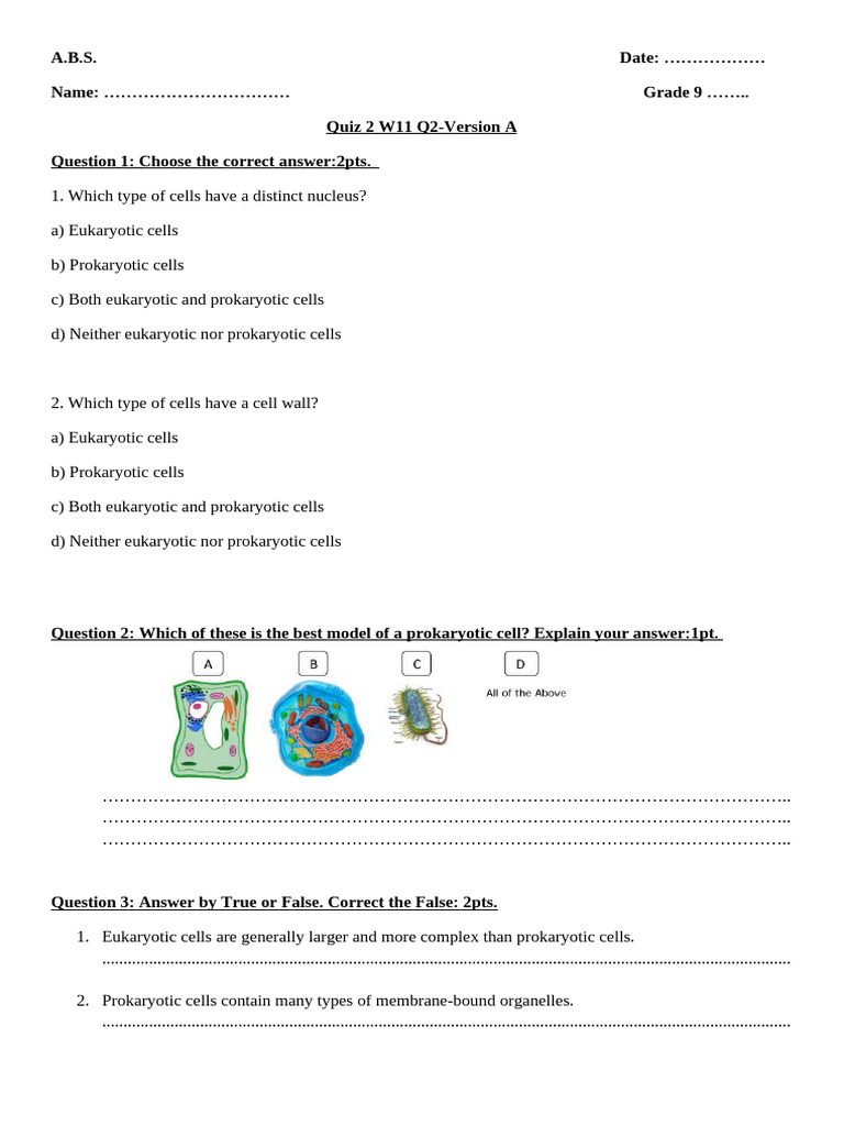 Grade 9 Cell Biology Quiz 2 | PDF