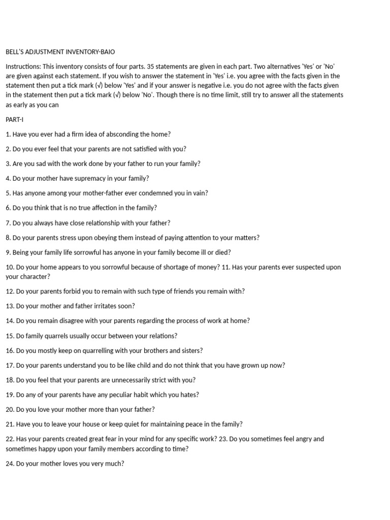 Bell's Adjustment Inventory Questionnaire | PDF