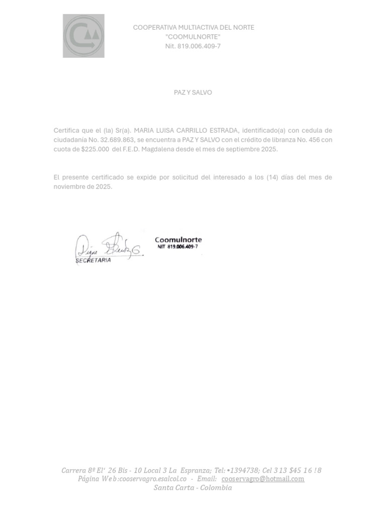 Certificado Paz y Salvo COOMULNORTE | PDF