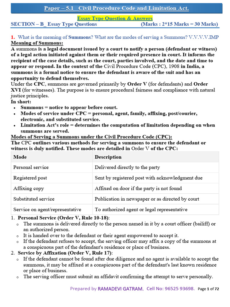 PAPER - 5.1 - Civil Procedure Code and Limitation Act - Question ...