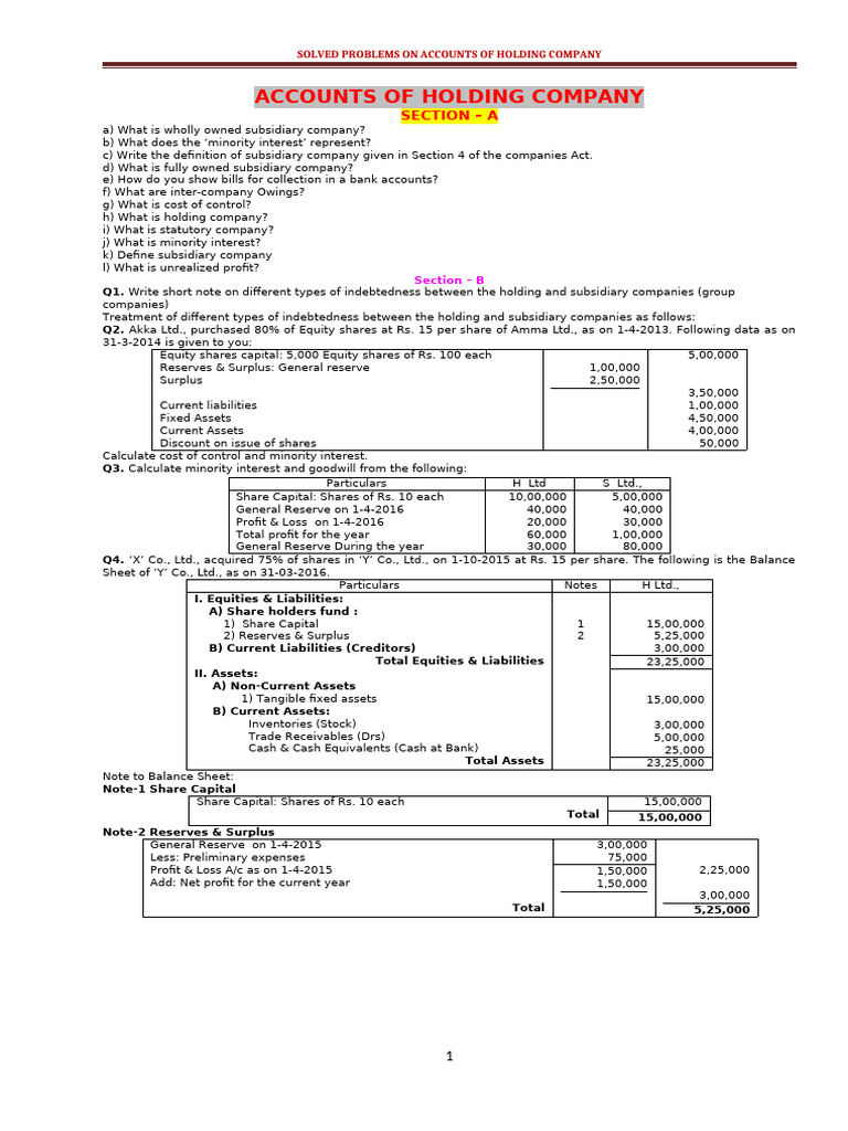 Holding Company Accounts - Only Questions | PDF | Equity (Finance ...