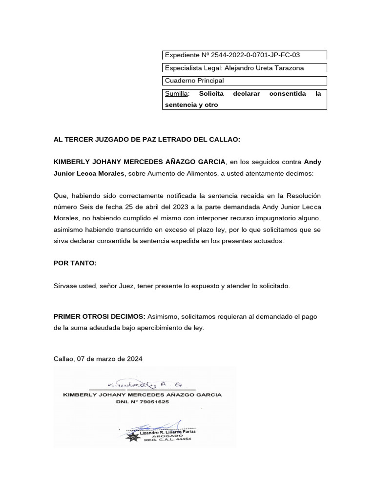 Declarar Consentida Sentencia KIMBERLY | PDF