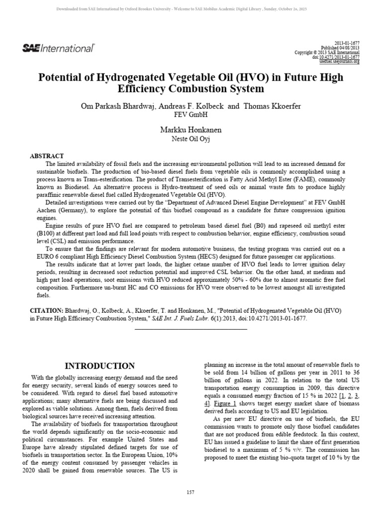 Potential of Hydrogenated Vegetable Oil (HVO) in Future High Efficiency ...