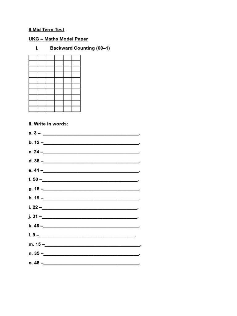 UKG Maths Model Paper for Mid Term Test | PDF