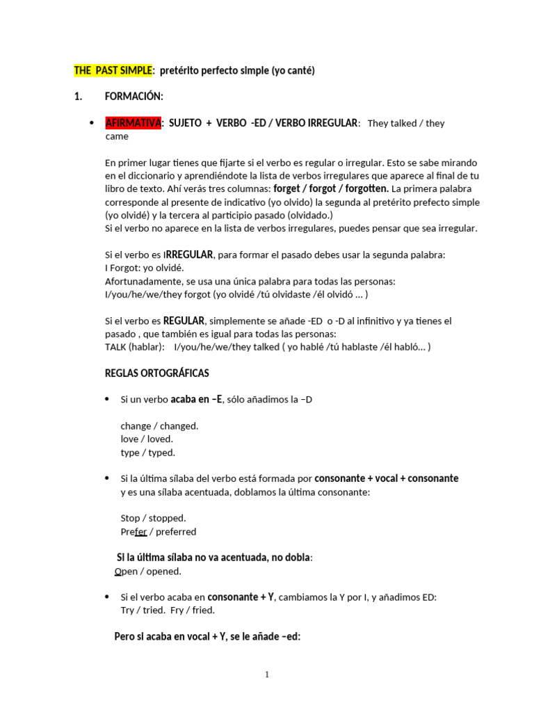 Uso y formación del pasado simple | PDF | Verbo | Tipología Lingüística