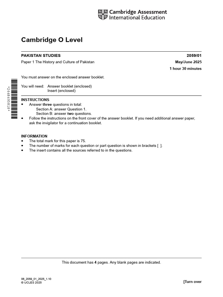Cambridge O Level Pakistan Studies Exam 2025 | PDF | Pakistan | Copyright