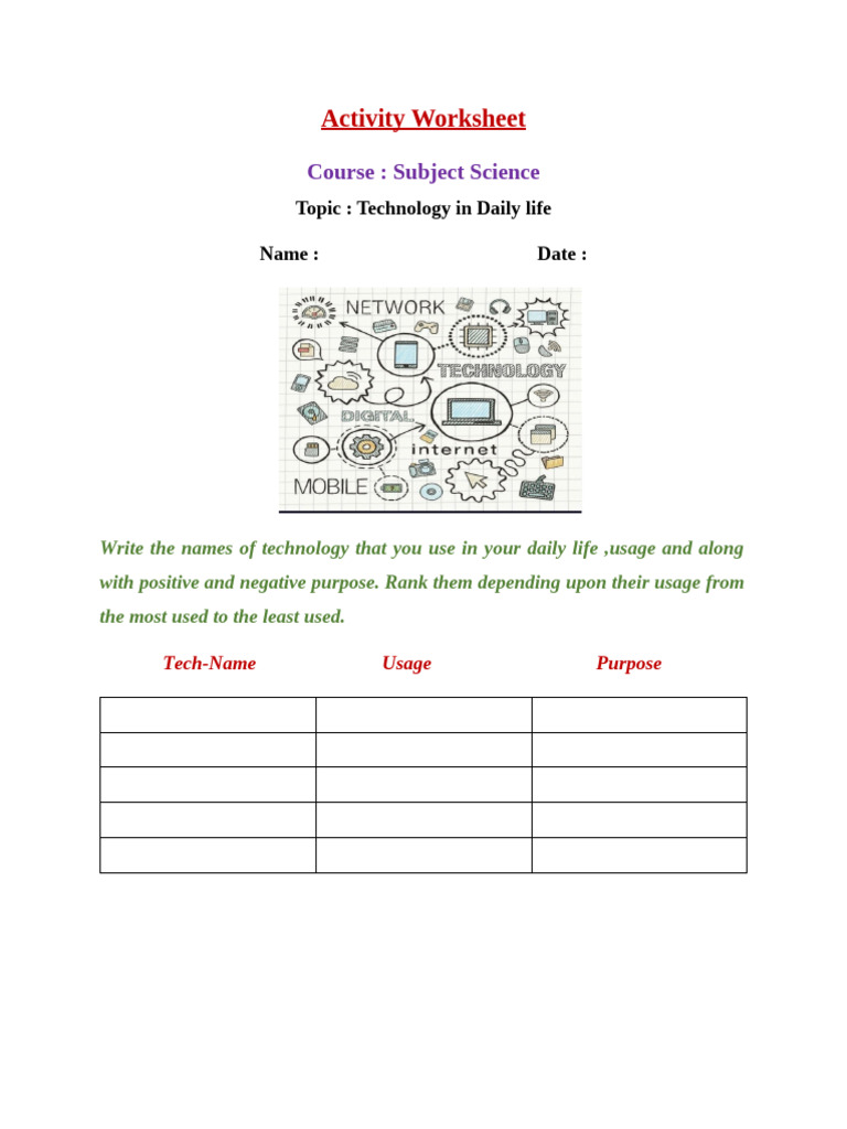 Daily Technology Usage Worksheet | PDF