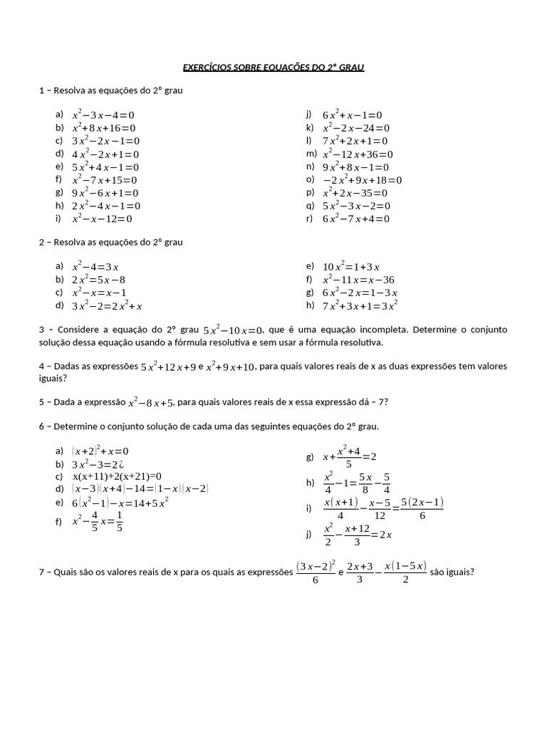 Exercícios de Equações do 2º Grau | PDF | Equações | Matemática