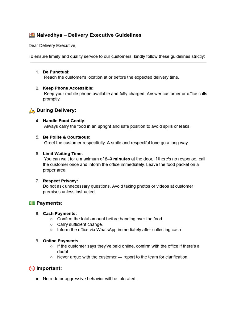 Delivery Executive Guidelines for Naivedhya | PDF