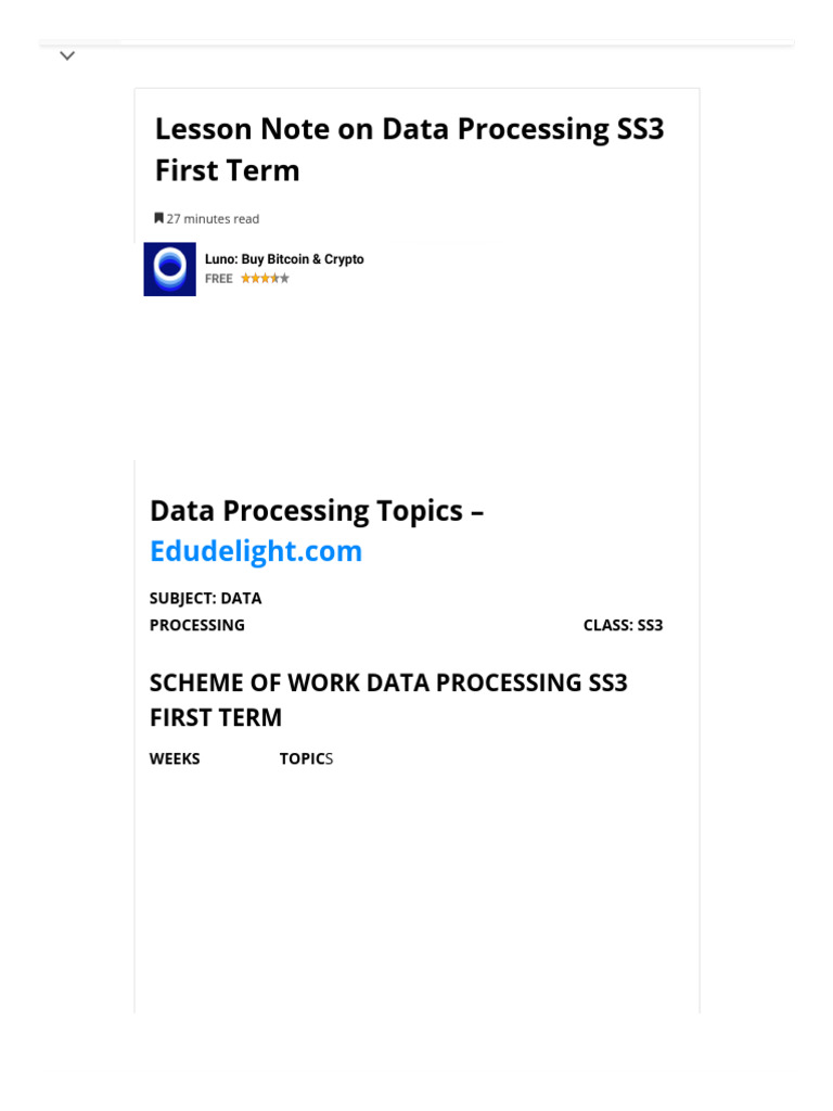 SS3 Data Processing Lesson Notes | PDF | Database Index | Databases