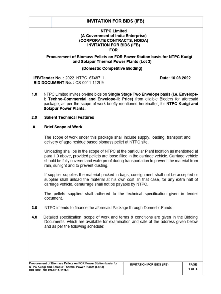 NTPC Biomass Pellets Procurement IFB | PDF