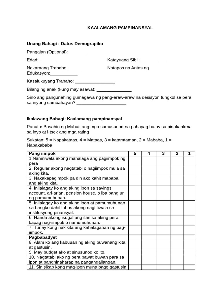 Sample Questionnaire Financial Literacy v. 2 | PDF