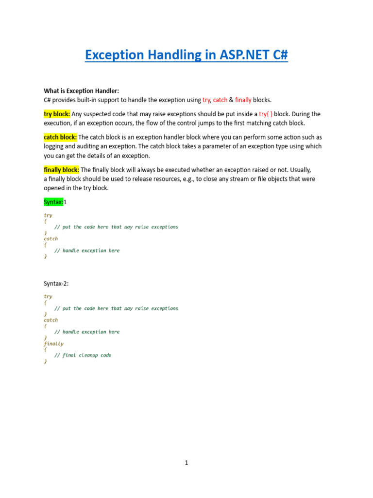 Exception Handling in ASP.NET C# | PDF