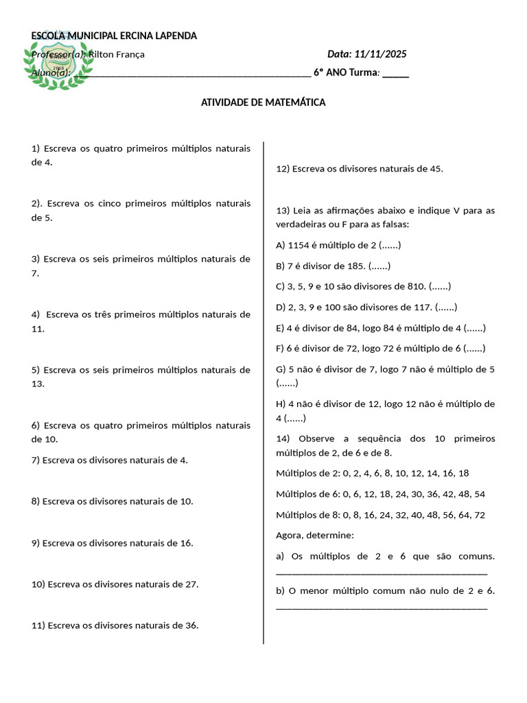 Atividade de Matemática 6º Ano: Múltiplos e Divisores | PDF