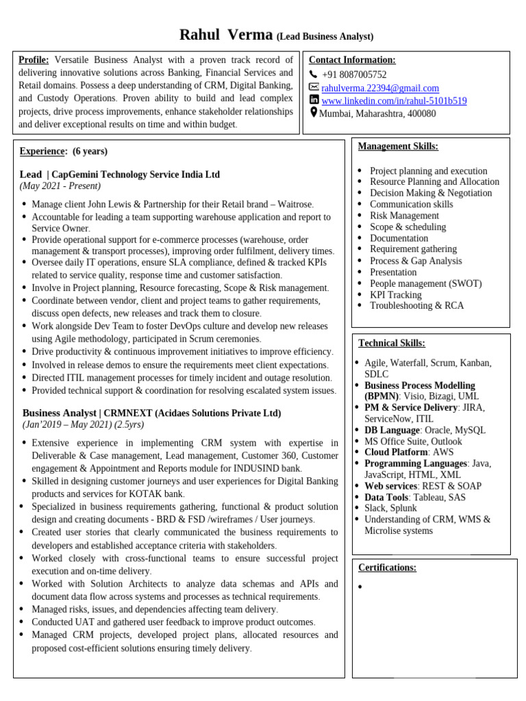 Business Analyst Profile: Rahul Verma | PDF | Customer Relationship ...