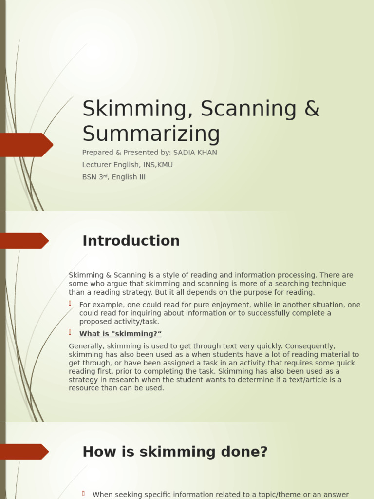 Skimming, Scanning, and Summarizing Techniques | PDF | Speed Reading ...