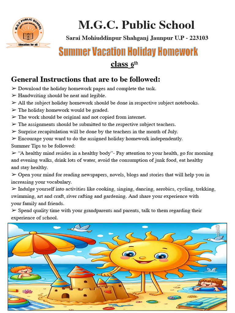 Class 6 Holiday Homework Guidelines | PDF | Homework | English Language