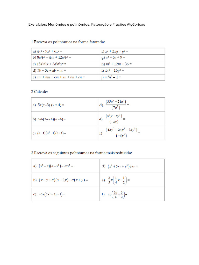 Exercícios sobre Monômios e Polinômios | PDF
