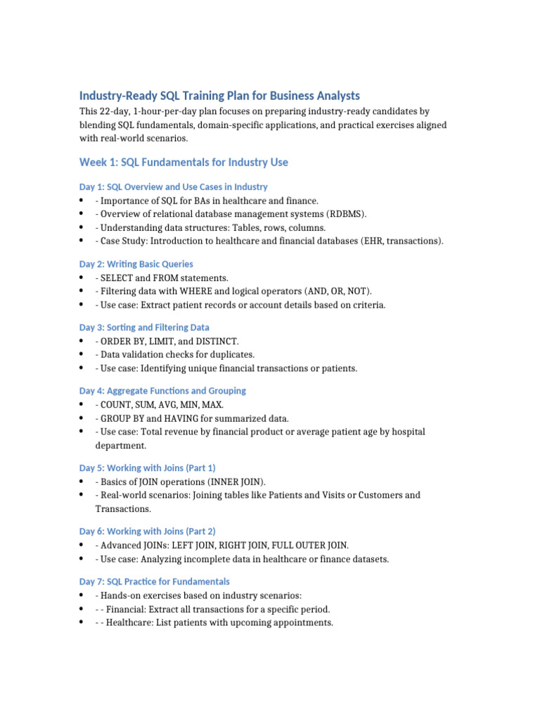 SQL Training Plan for Business Analysts | PDF | Relational Database | Sql