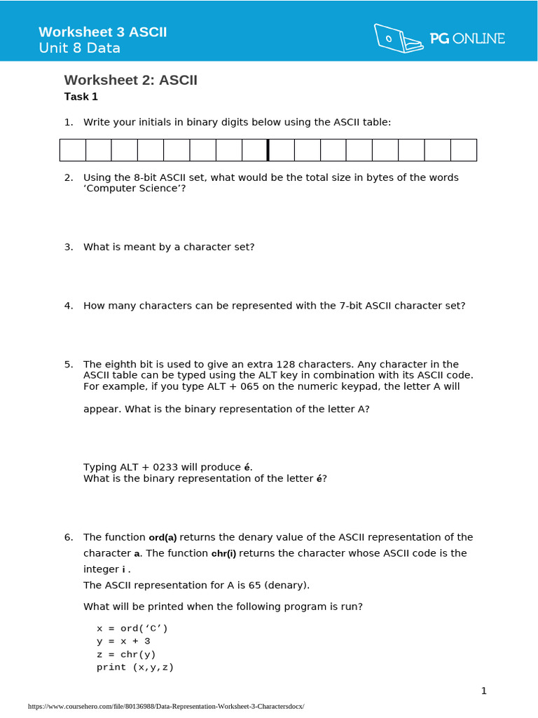 Data Representation Worksheet 3 Characters Pdf Integer Computer