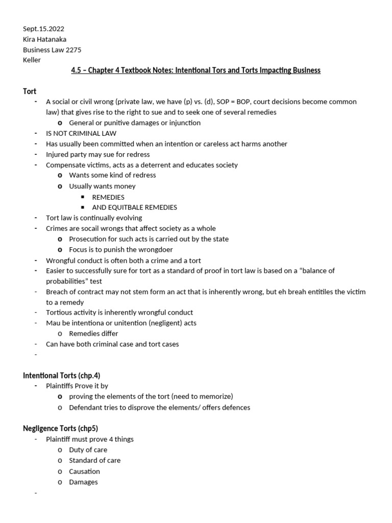 Intentional Torts and Business Law Overview | PDF | Defamation | Tort