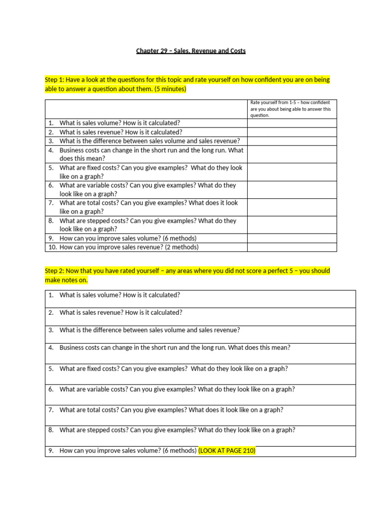 L1 Sales Revenue Costs Worksheet 2 | PDF