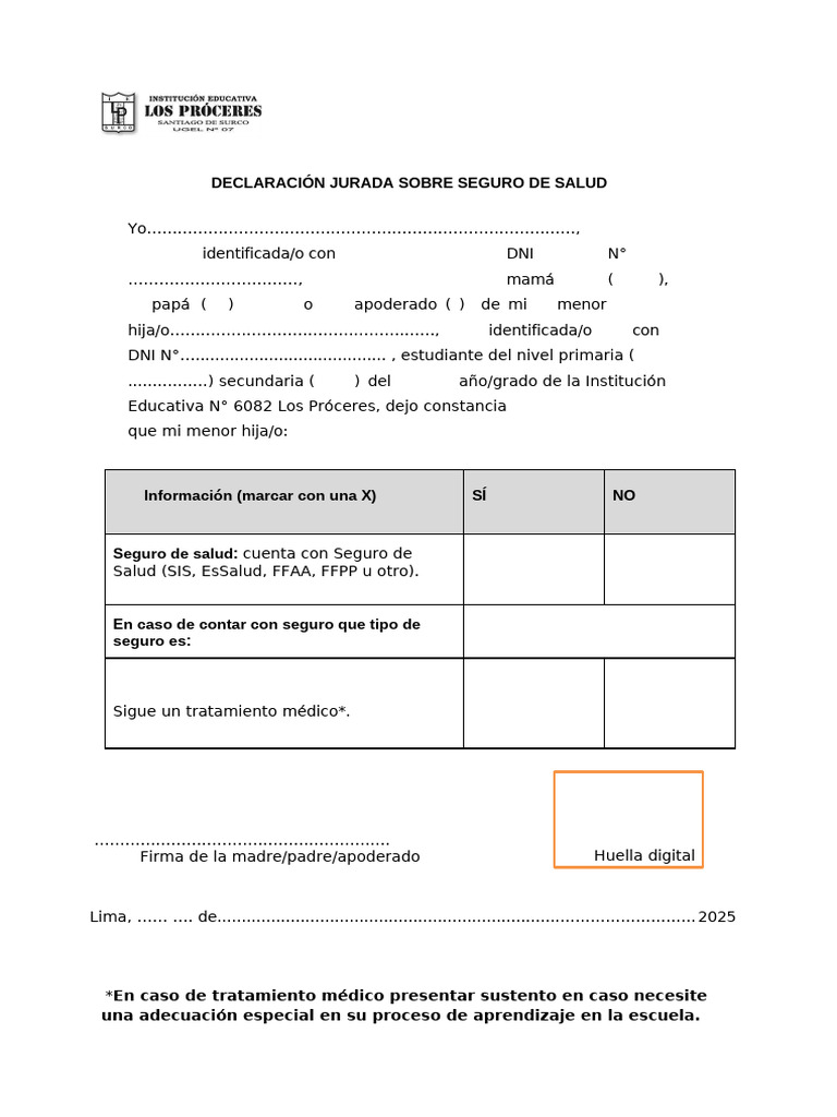 2.declaración Jurada Sobre Seguro de Salud 2025 | PDF