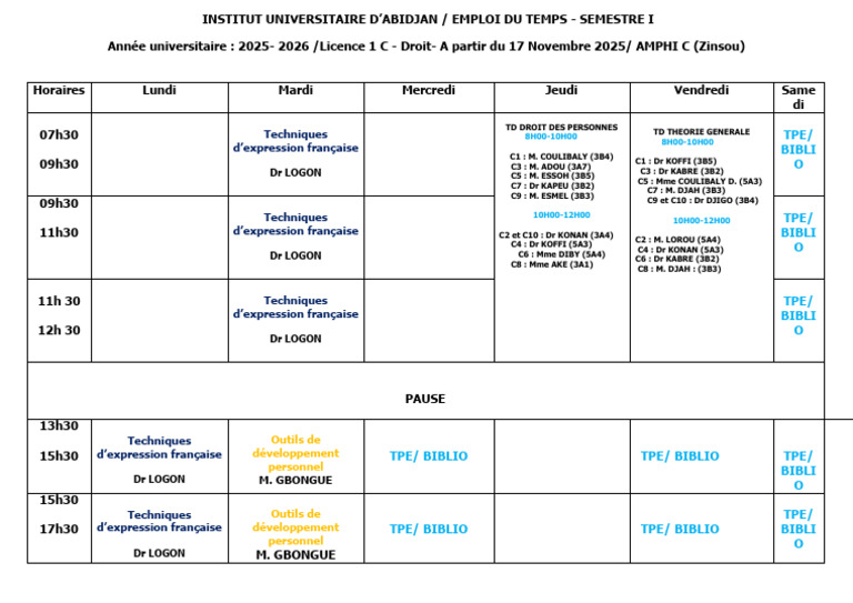 Emploi du temps Licence 1 Droit 2025-2026 | PDF