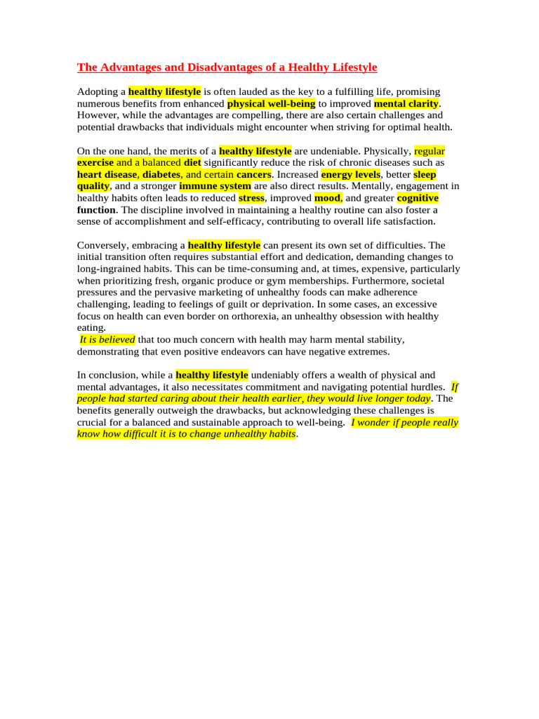 The Advantages and Disadvantages of A Healthy Lifestyle | PDF