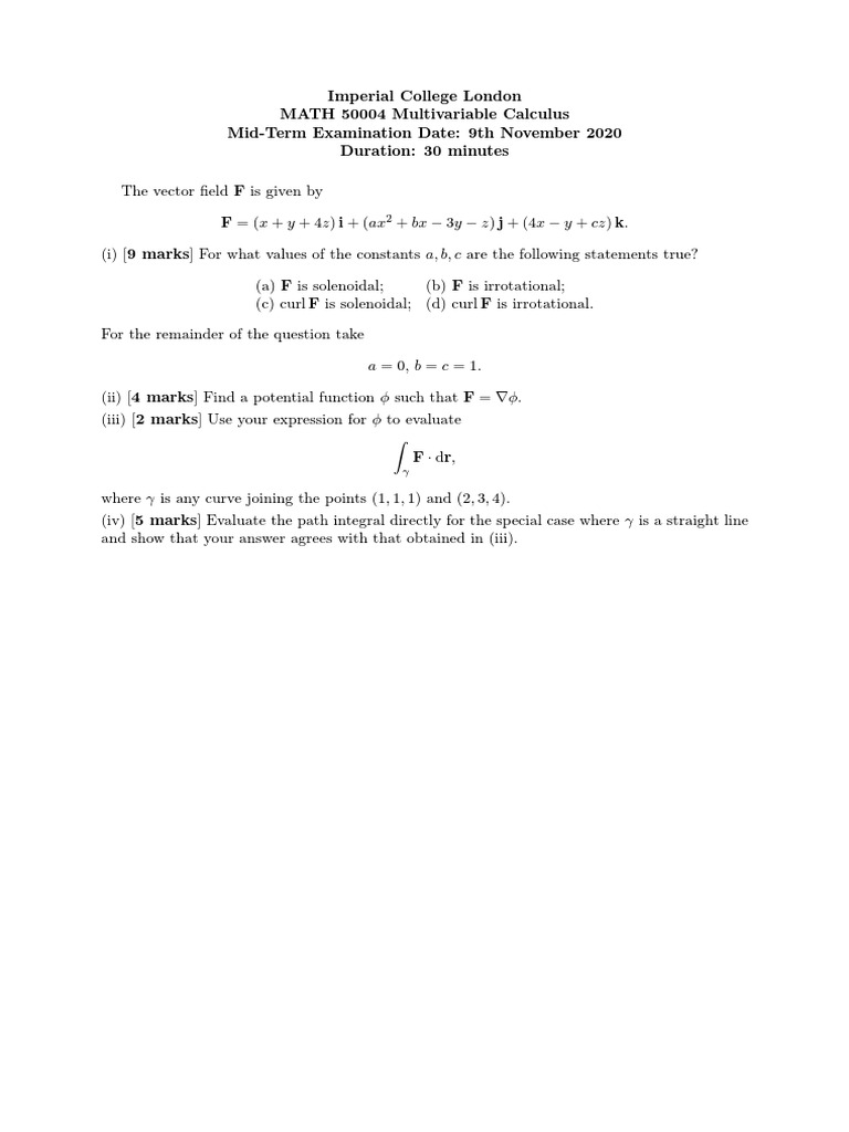 Math50004 AutumnMid2020 | PDF