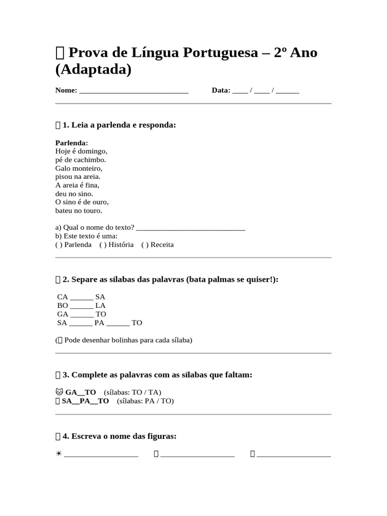 Prova de Língua Portuguesa 2º Ano | PDF