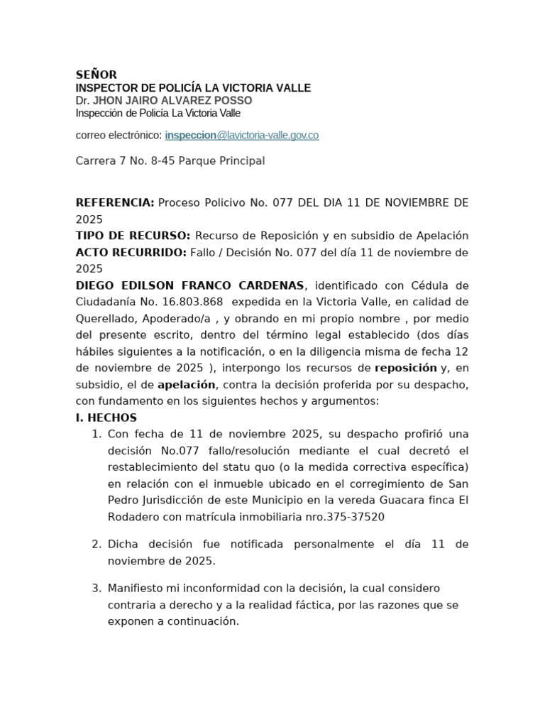 Recurso de Reposición y Apelación Policivo | PDF | Justicia | Crimen y ...