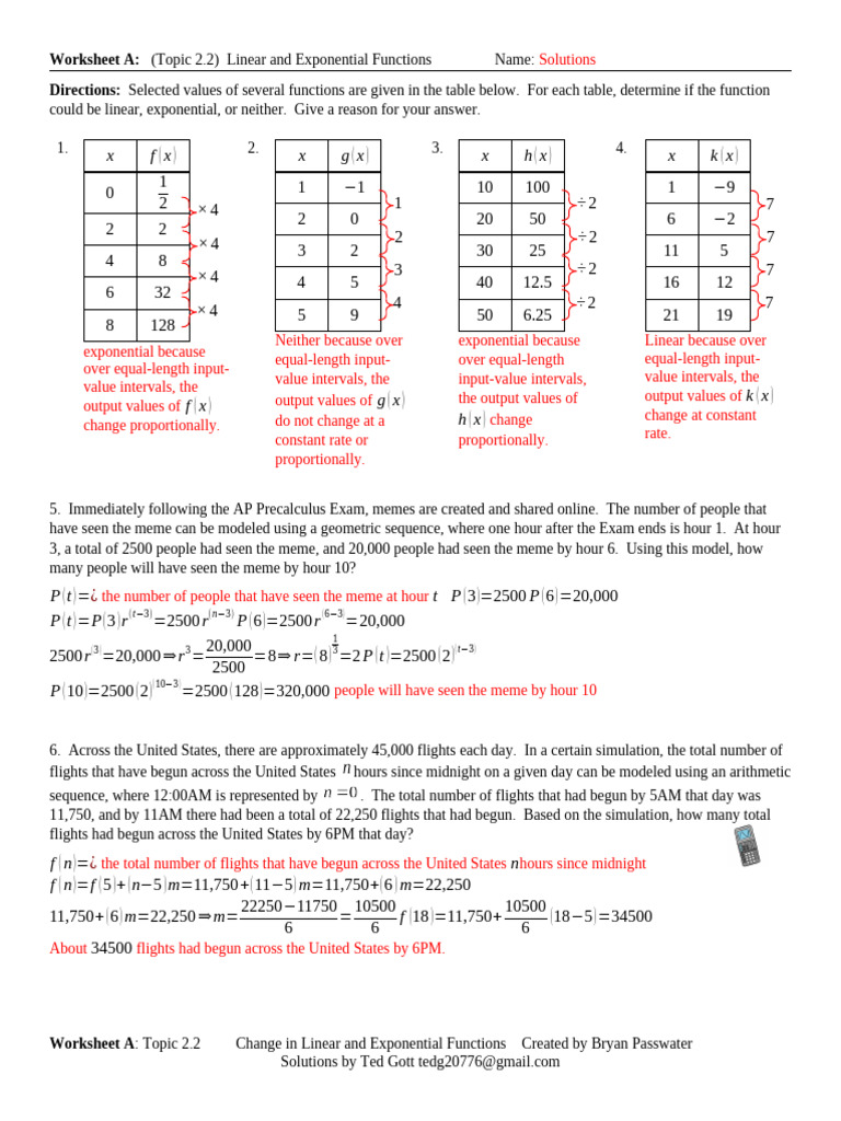 Worksheet A Key Topic 2.2 Change in Linear and Exponential Functions ...