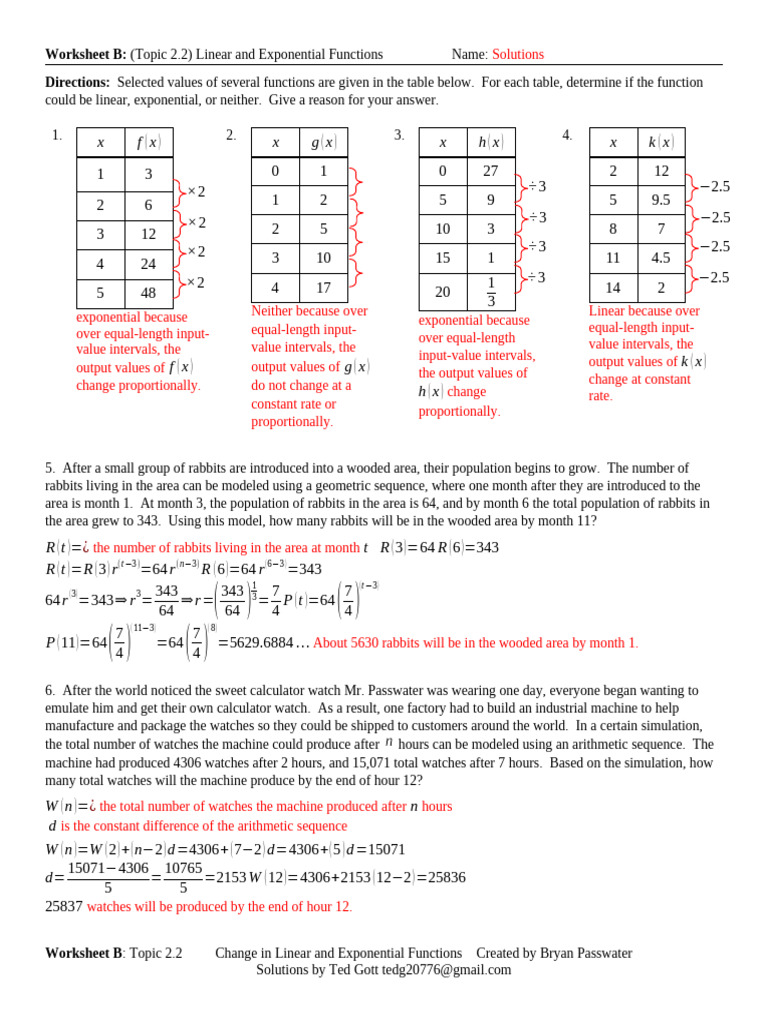 Worksheet B Key Topic 2.2 Change in Linear and Exponential Functions ...