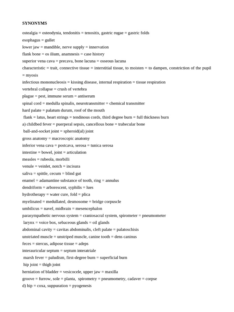 Medical Synonyms and Terminology Guide | PDF | Lymph | Esophagus
