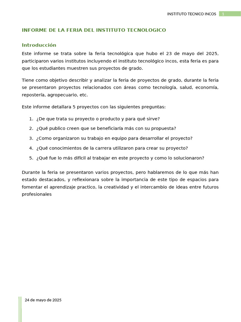 Informe de La Feria Del Instituto Tecnologico | PDF