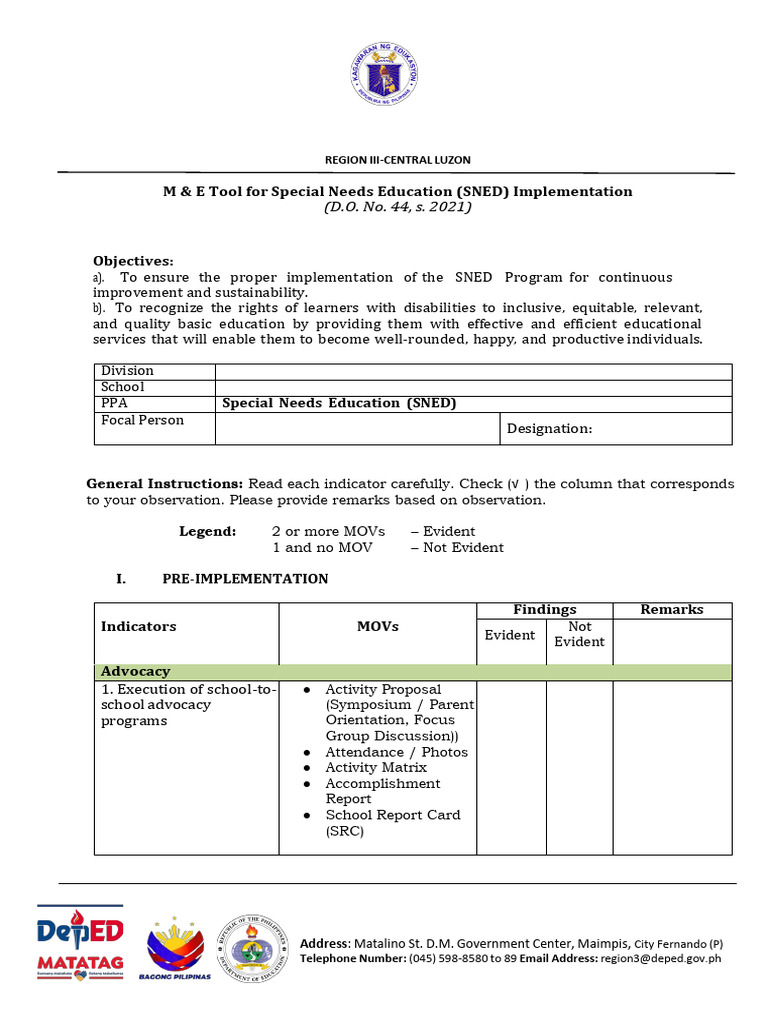 SNED Implementation Monitoring Tool | PDF | Individualized Education ...