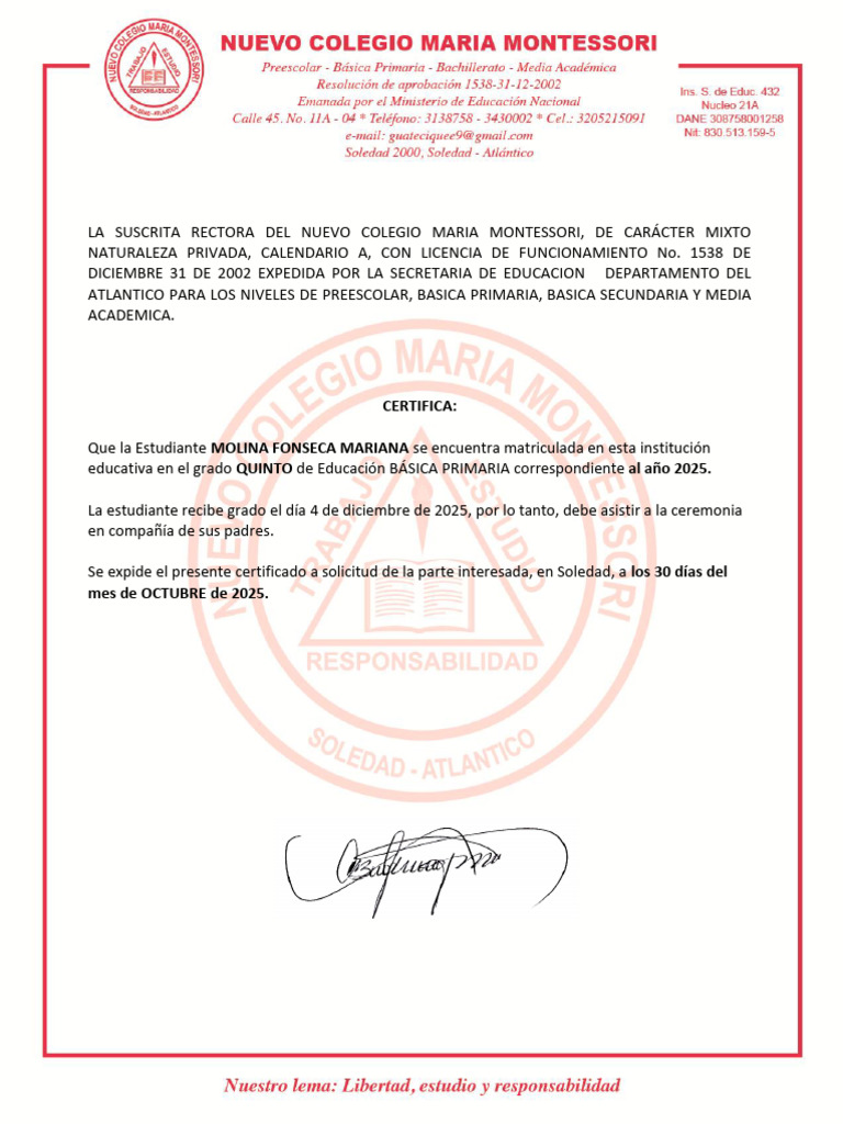 Certificado de Matrícula Escolar 2025 | PDF