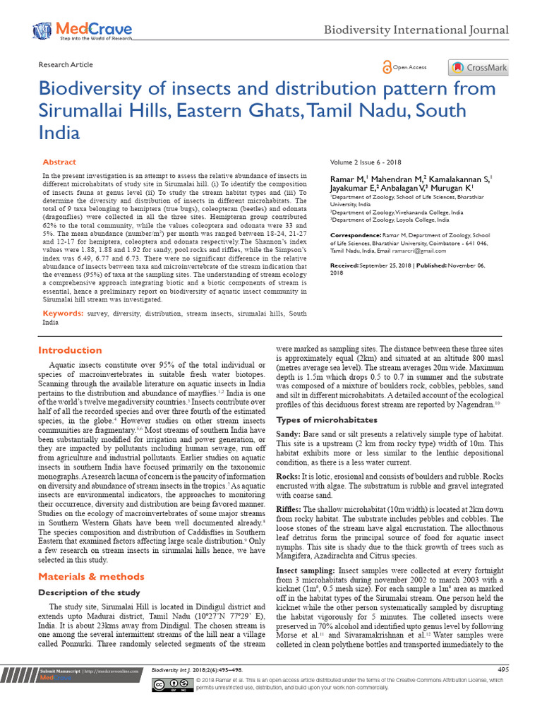 Biodiversity of Insects and Distribution Pattern From Sirumalai Hills ...